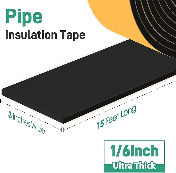 Pipe Insulation Tape, Foam Insulation Tape for Outdoor Pipes Winter Freeze Protection, Foam Pipe Insulation Wrap, Heat Tape for Water Pipes, Copper Pipes, PVC, AC Line, 3in x 15ft, Black