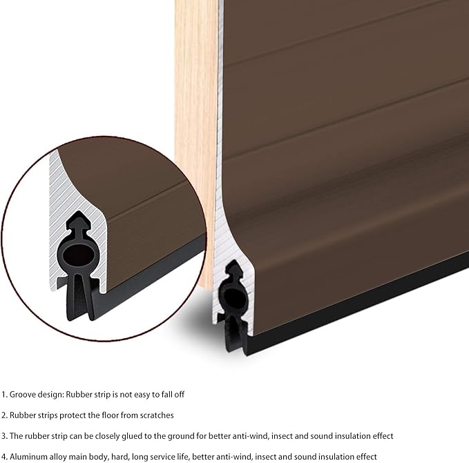 Metal Door Draft Stopper Bottom Mice Seal Strip Noise Blocker, Aluminium Mouse Sweep 2" W x 36" L, Brown