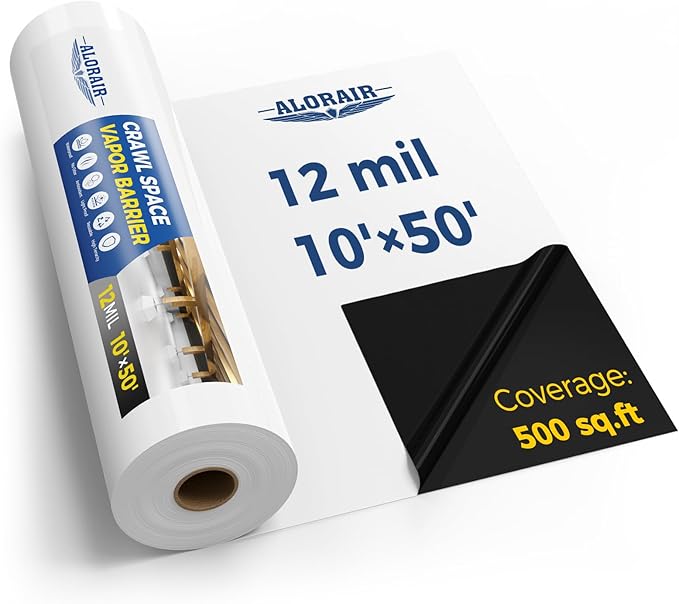 ALORAIR Crawl Space Vapor Barrier 12 mil 10'x50', Drop Cloth Vapor Barrier Covering for Crawlspace Encapsulation Moisture Control, Thick Plastic Sheeting Heavy Duty, Black and White Panda Film