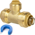 3/4" x 3/4" x 1/2" Reducing Tee Pushfit, Push to Connect Brass Plumbing Fitting for Copper, CPVC, PEX Pipe, Pex Fitting with Upgraded Stiffener, Disconnect Clip Included, NSF & UPC Certified