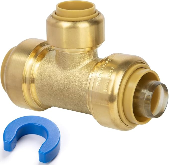 3/4" x 3/4" x 1/2" Reducing Tee Pushfit, Push to Connect Brass Plumbing Fitting for Copper, CPVC, PEX Pipe, Pex Fitting with Upgraded Stiffener, Disconnect Clip Included, NSF & UPC Certified