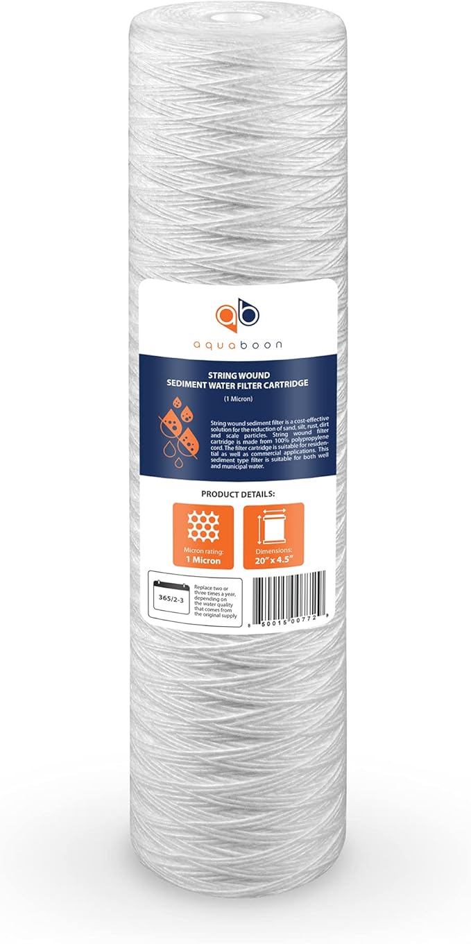 Aquaboon 1 Micron Whole House 20" x 4.5" String Wound Water Filter Replacement Cartridge for Well Water Compatible with SWC-25-2005, P5-20, 4-Pack