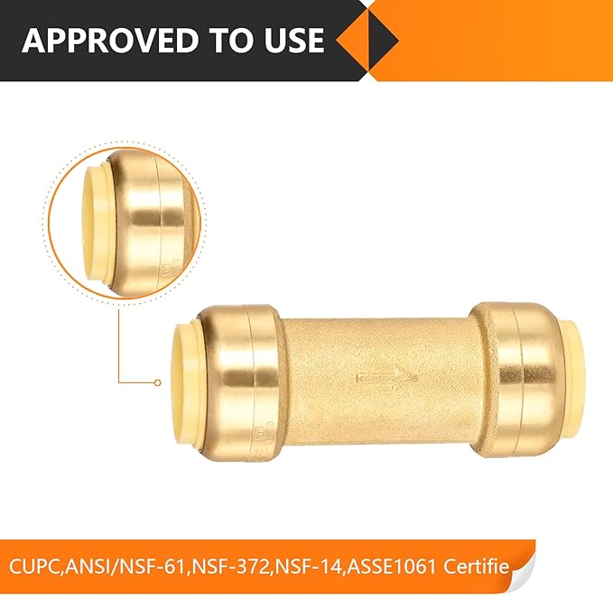 5-Pack HeSun Pushfit Check Valve, 3/4-Inch Push to Connect Plumbing Fittings with Disconnect Clip, Brass Push-fit Fittings for PEX, Copper, CPVC, PE-RT Pipes(PF-VALVE063-5)