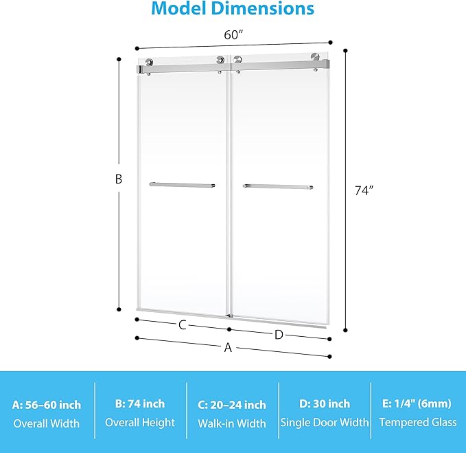 Frameless Double Sliding Shower Door - 56 to 60 Inch Adjustable Width x 74 Inch Height, 1/4" (6mm) Clear Tempered Glass with Easy-Clean, Space-Saving Bypass Design, Brushed Nickel Finish for Bathroom