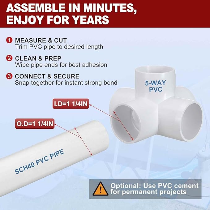 4Pcs 1 1/4" Elbow PVC Fitting, Schedule 40 5-Way Cross Furniture Grade PVC Pipe Fitting, DIY Corner Elbow Connector for Building Furniture, Greenhouse Frame Connection