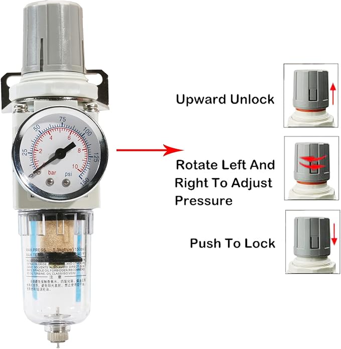 1/4 Inch NPT Air Filter Pressure Regulator, Air Compressor Water Separator with Gauge AW2000-02