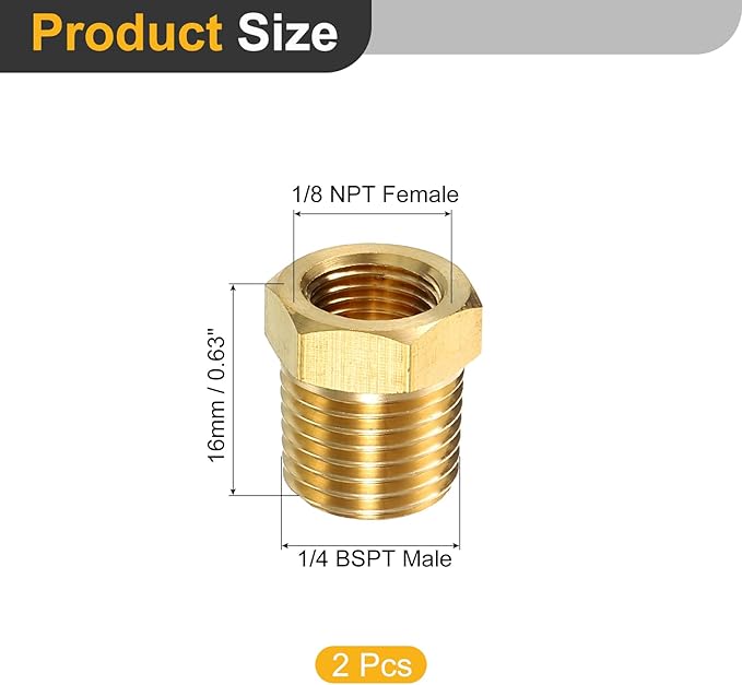 uxcell 2Pcs 1/4 BSPT Male x 1/8 NPT Female Brass Reducer Hex Bushing Threaded Pipe Fitting, Brass Threaded Pipe Fitting Adapter for Water, Gas, Oil Pipeline Systems