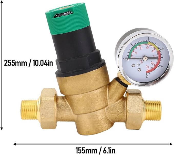 FTVOGUE Water Pressure Regulator Brass Adjustable with Pressure Dial Gauges 1 to 6 Bar Range for RV Home Plumbing System Reduction (3/4 inch (DN20))