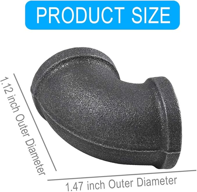 10 Pack 1/2 inches Malleable Cast Iron Pipe Elbows, Industrial Pipe Elbows for Threaded Black Pipes and Fittings, DIY Steampunk Industrial Vintage Style.