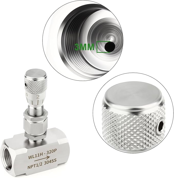 TAISHER 1PCS 304 Stainless Steel Reduce Port 3mm Needle Valve 1/2" NPT Female，Accurate Dials For Micro Flow Control Instrument Gauge Water Gas Oil