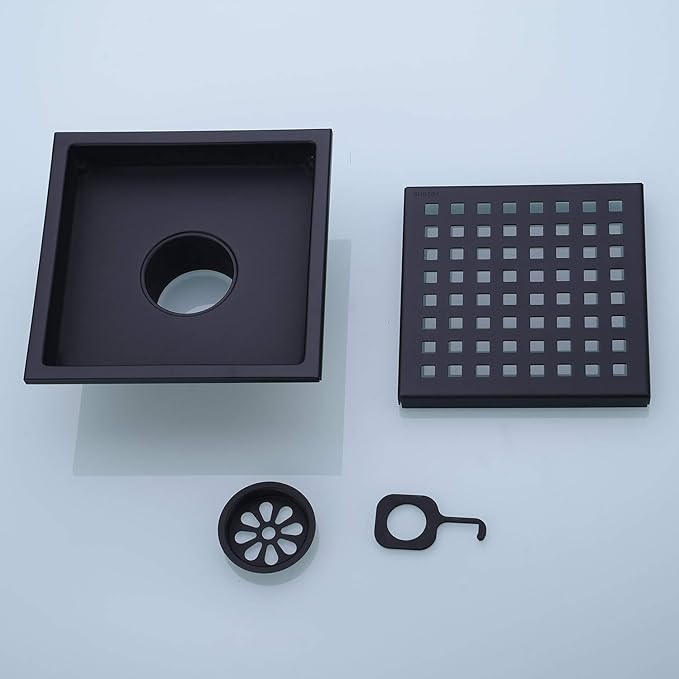 6 inch Stainless Steel Shower Floor Drain with Removable Grid Cover, Black