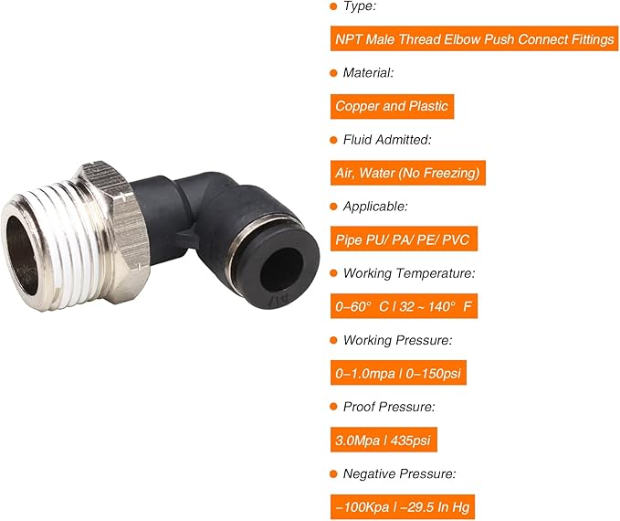CEKER 5/32" Elbow Male Push Fittings, 90 Degree, 5 Pack, 5/32" Od x 1/8" NPT, Plastic & Stainless Steel, Push to Connect Airline Fittings