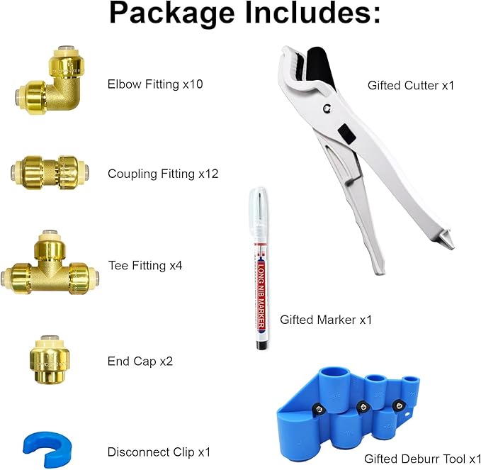 Pushfit Plumbing Fittings 1/2 Inch,Brass Push Fittings 1/2 Inch for Pex,Copper,CPVC,12PCS Coupling,10PCS Elbow,4PCS Tee Fitting,2PCS End Cap, Pack of 28 with Pipe Cutter,Deburring Tool,Disconnect Clip