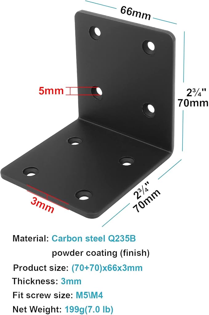 10 PCS 2-3/4" Black Steel L Right Angle Corner Brace, Countersink Brackets for Wood Shelves, Furniture, Cabinet, Thickness 1/8", Max Load 110LB