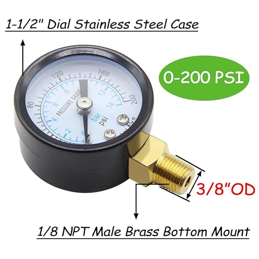 Pressure Gauge 0-200PSI 1-1/2" Dial Stainless Steel Case 1/8" NPT Male Brass Bottom Mount Include 1/2" NPT and 3/8" NPT Connector Universal Multifunctional
