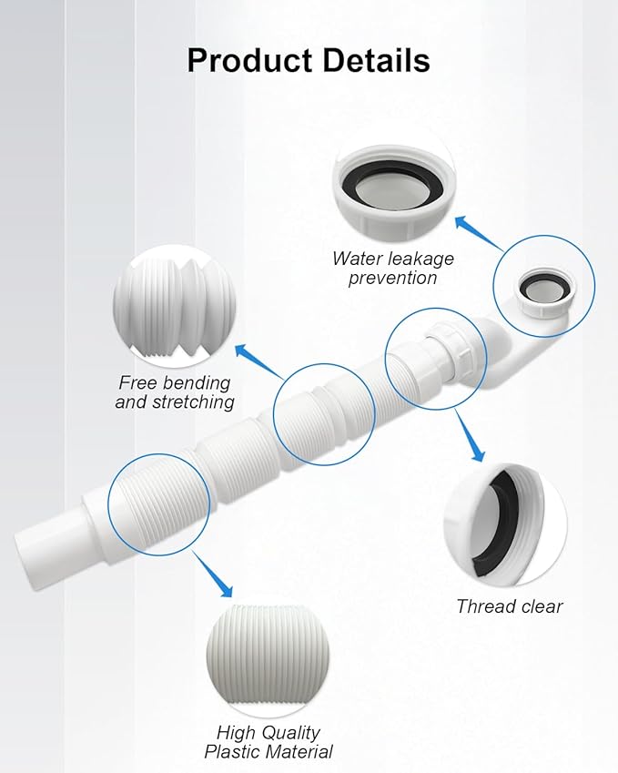 Bathtub Shower Drain Pipe, Low Profile Flat 1 1/2 P Trap Kit, Flexible Freestanding Tub Drain for Bath White