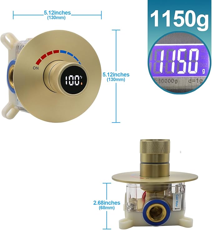 Round Digital Display Shower Valve Shower Diverter Single Way Shower Mixing Valve Concealed Installation in Wall for Bathroom Brushed Gold