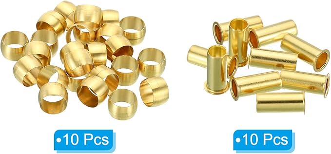 PATIKIL 8mm Tube OD Brass Compression Sleeves Ferrules, 60 Pack Brass Ferrule Fitting and Hose Insert Support Assortment Kit for Air Water Gas Pipe