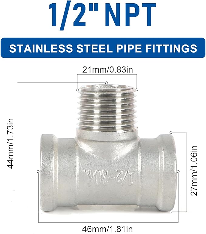Kodilin 4PCS 304 Stainless Steel Tee Pipe Fittings, 1/2" NPT Female x 1/2" NPT Male x 1/2" NPT Female, Male Branch Tee