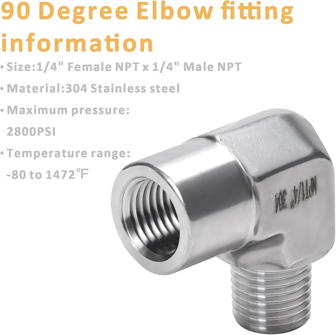 90 Degree Street Elbow - 1/4" NPT Male to 1/4" NPT Female Stainless Steel 304 Heavy Duty Forged Barstock Street Elbow Adapter Pipe Fitting (pack of 5)