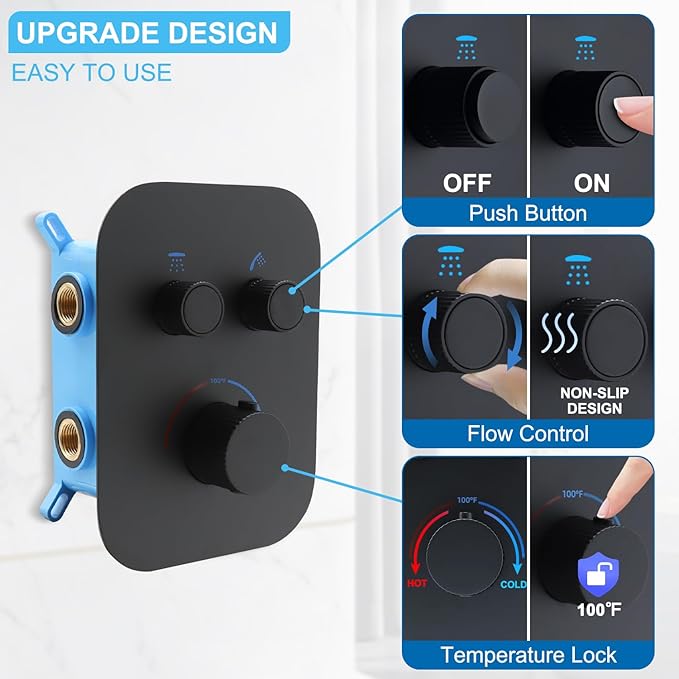 Thermostatic Shower Valve Shower Diverter 2 Way Shower Valve with Temperature Control Shower Mixing Adjustable Flow Diverter（Matte Black）