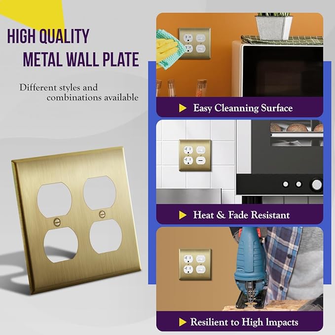 ENERLITES Double Duplex Receptacle Metal Wall Plate, Stainless Steel Outlet Cover, Corrosion Resistant, Size 2-Gang 4.50" x 4.57", Stainless Steel 201, 7722-BB, Brushed Brass, Gold