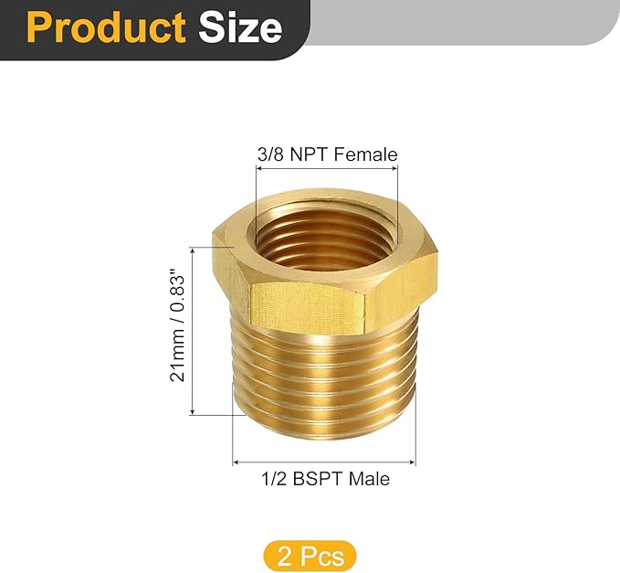 uxcell 2Pcs 1/2 BSPT Male x 3/8 NPT Female Brass Reducer Hex Bushing Threaded Pipe Fitting, Brass Threaded Pipe Fitting Adapter for Water, Gas, Oil Pipeline Systems