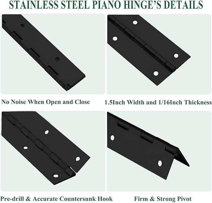 2Pack Heavy Duty Piano Hinge, 2" Open Width x 20" Continuous & Piano Hinges, 0.06” Thick Stainless Steel Piano Hinge with Holes, Black Stainless Furniture Hinges for Cabinet Door Cases Woodworking