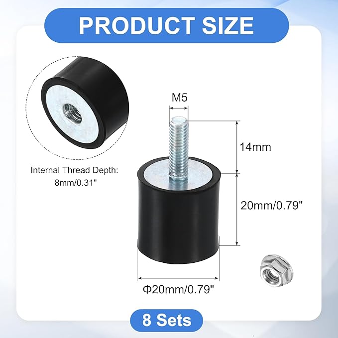 uxcell M5 Rubber Mounts, 8Pcs 20x20mm(DxH) Rubber Cylindrical Anti Vibration Isolator Shock Absorber with Lock Nut for Car Bobbin Generator Air Compressors