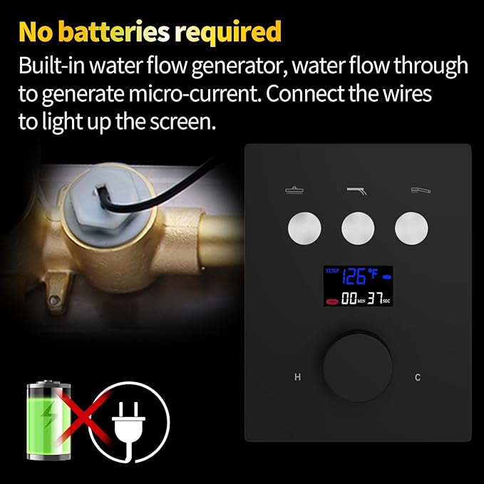 AYIVG Matte Black Shower Flow Control Valve Temperature Display Concealed 3 Way Outlet Function Shower Diverter Valve Brass Thermostatic Mixing Valve Kit Replacement Can Run Together