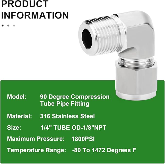 TAISHER 1PCS 316 Stainless Steel 90 Degree Compression Tube Pipe Fitting Connector, 1/4" Tube OD x 1/8" NPT Male Adapter