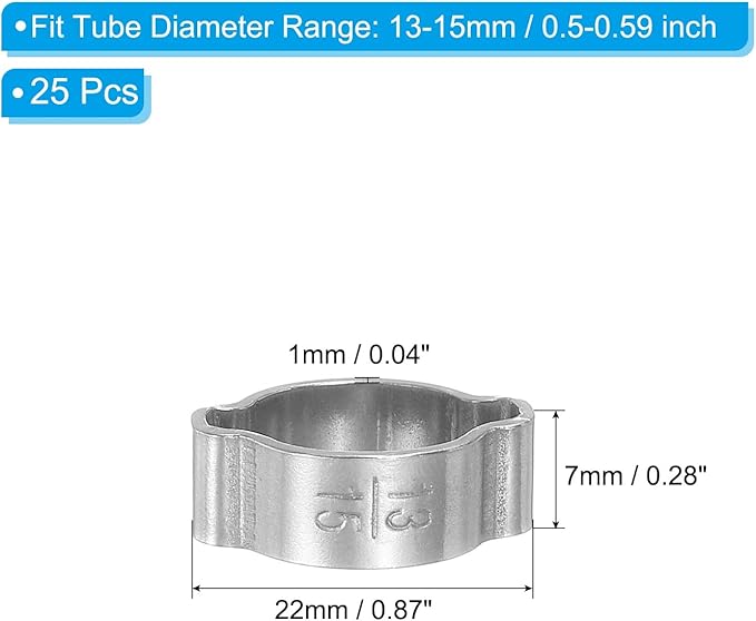 PATIKIL 25 Pack 13-15mm Double Ear Hose Clamp, 304 Stainless Steel O Clip Crimp Rings for Fuel Petrol Pipe Tube Fitting Connections, Silver Tone