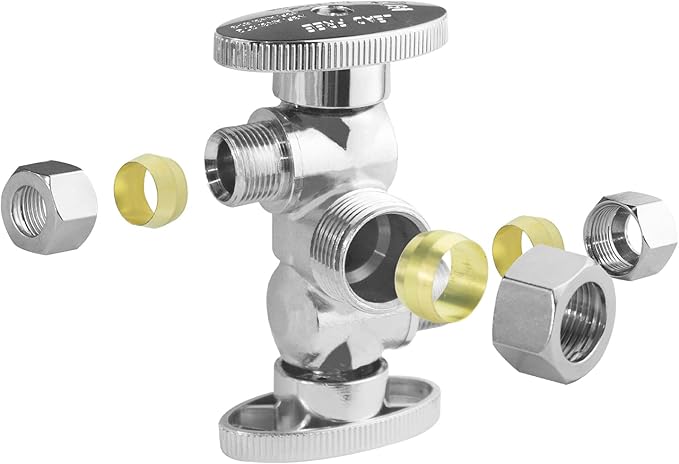 WiseWater Dual Water Shut Off Valve 5/8" OD Comp x 3/8" OD Comp x 3/8" OD Comp, 1/4 Turn Double Angle Stop Valve for Refrigerator, Ice Maker, Coffee Brewers, Water Filters (2 Pack)