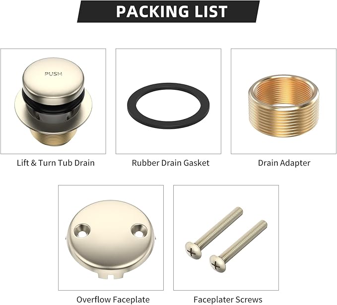 All Metal Tip-Toe Bathtub Drain Kit with Two-Hole Overflow Faceplate and Universal Fine/Coarse Thread Assembly, Bath Tub Drain Kit fits All Bathtub -Brushed Nickel