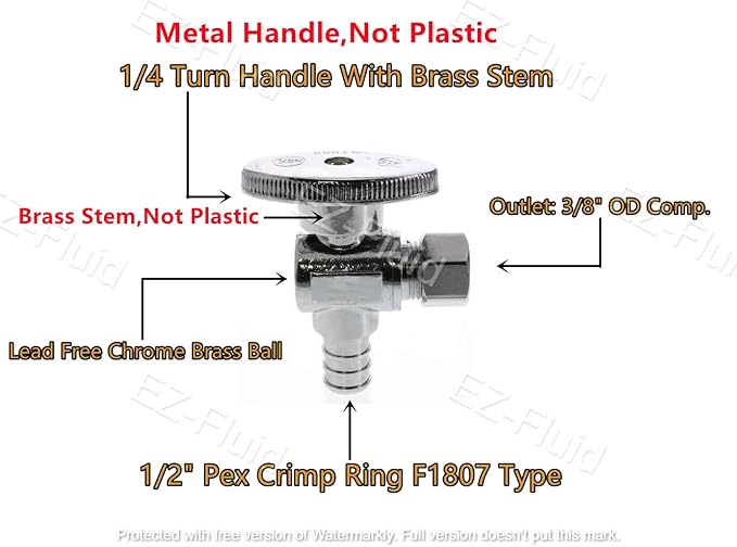 (10Pcs) EZ-Fluid Pex Valve 3/8"OD Comp x 1/2"Pex Fittings 1/4Turn LF Brass Angle Stop Valve Water Shut Off Ball Valve Barb Crimp Ring Fits F1807 Tubing Pipe,Used as Faucet,Toilet