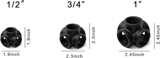 TZH 4-Pack 5-Way Corner Black Malleable Cast Iron Pipe Fitting - 3/4" Black 5-Way Side Outlet Tee for Industrial Pipe, Furniture & DIY Decoration