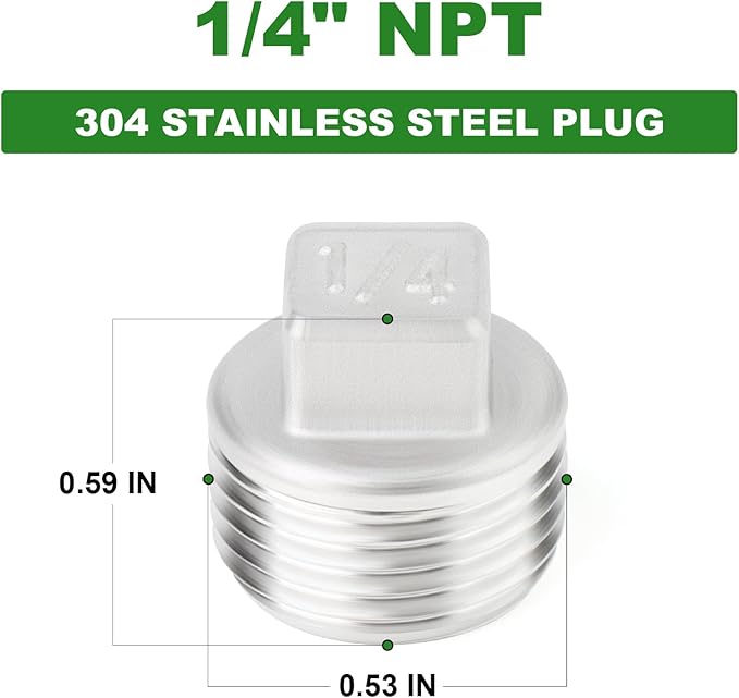 TAISHER 10PCS 304 Stainless Steel Outer Square Thread Socket Pipe Plug Fitting 1/4" NPT Male
