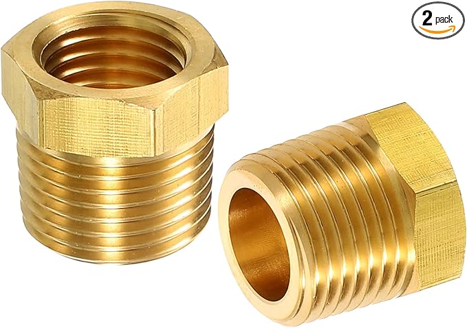 uxcell 2Pcs 3/8 NPT Male x 1/4 NPT Female Brass Reducer Hex Bushing Threaded Pipe Fitting, Brass Threaded Pipe Fitting Adapter for Water, Gas, Oil Pipeline Systems