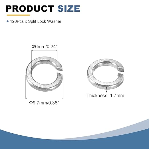 uxcell 120 Pcs M6 Split Lock Washers, 304 Stainless Steel Spring Lock Washer 6mm ID 9.7mm OD 1.7mm Thick for Screws Bolts Fasteners