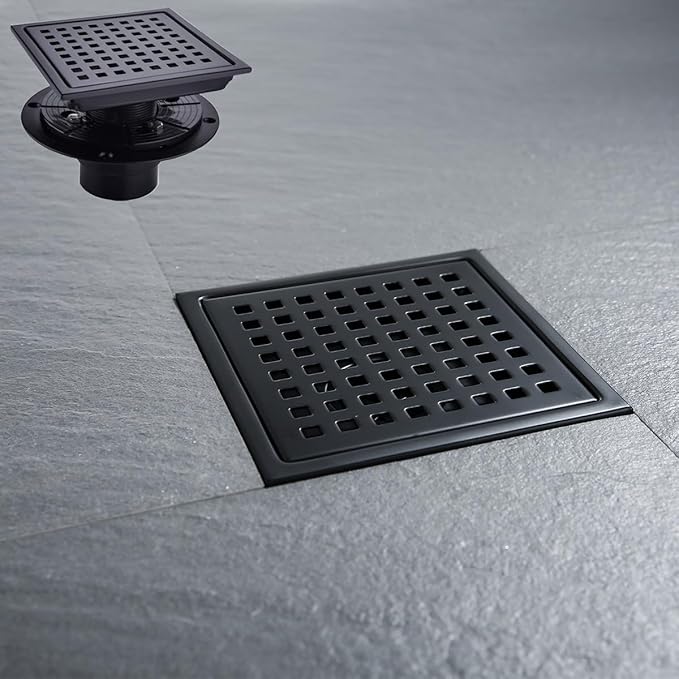 6 Inch Square Shower Floor Drain with Flange,Matte Black SUS 304 Stainless Steel Shower Drain Kit Floor Drain,Removable Grid Grate, Hair Strainer ﻿