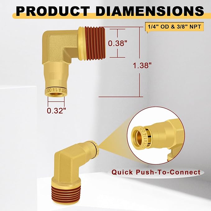 Siptenk 1/4" Elbow DOT Brass Push to Connect Air Line Fittings 5 PCS, 1/4" OD Tube x 3/8" NPT Thread Air Brake Line Quick Connect Fittings for Truck Trailers Industry Air System