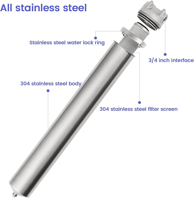 Amwater NSF/ANSI 42 Stainless Steel Whole House Water Filter Housing, 20" x 2.5" Sediment Water Filter System for Heavy Duty, Well & City Water, 3/4" NPT Port, Drain Valve Style C