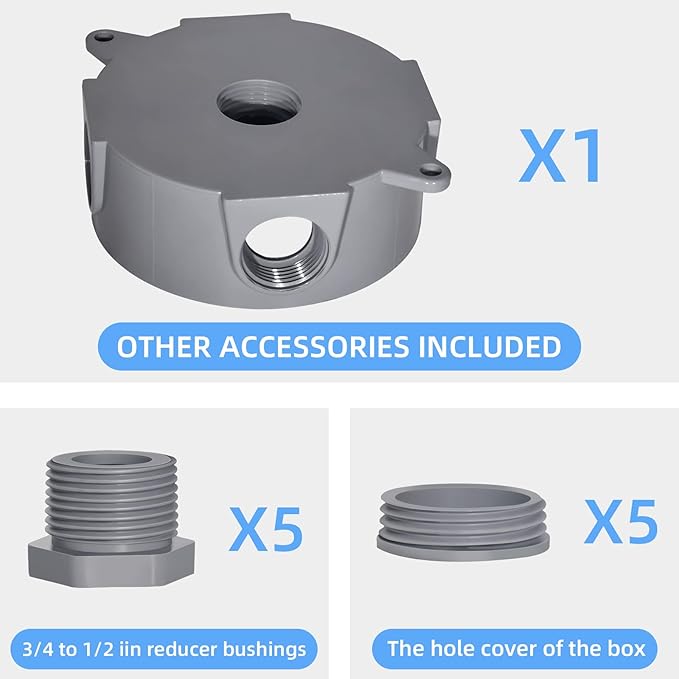 Round Electrical Outlet Box, Weatherproof 5 Hole-1/2 or 3/4 in Electrical Outlet Box, UL Listed, PVC No Cover Junction Box, Gray