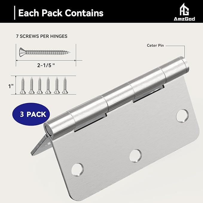 Door Hinges Brushed Nickel - 3 Pack 3.5 Inch Rounded Interior Satin Nickel with 1/4" Radius Corners - 3 1/2 Inches Silver Residential Standard Door Hardware