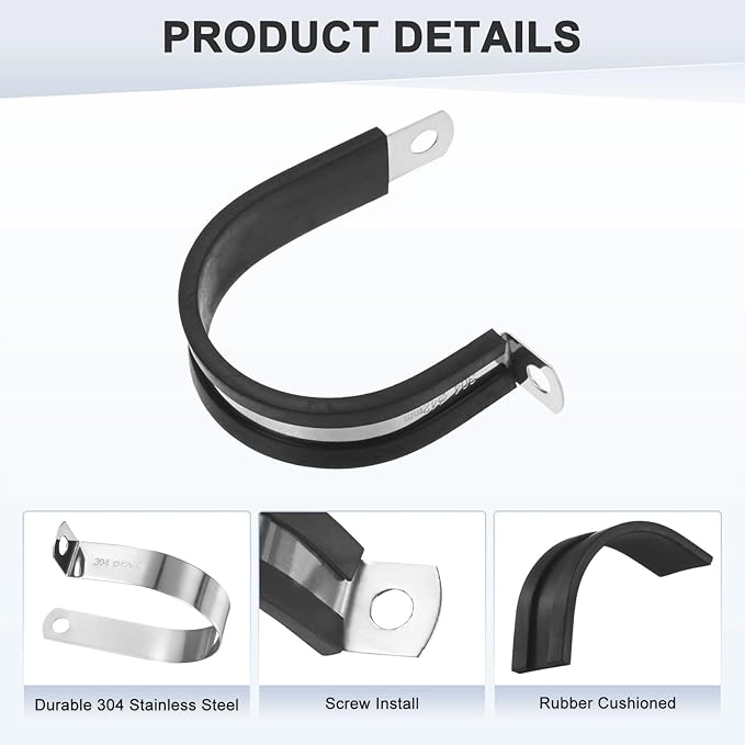 12-Pack Cable Clamps, 1-5/8 Inch/ 42 mm 304 Stainless Steel Rubber Cushioned Insulated Cable Clamp R Shape Metal Holder for Tube/Wire/Pipe/Loop Installation