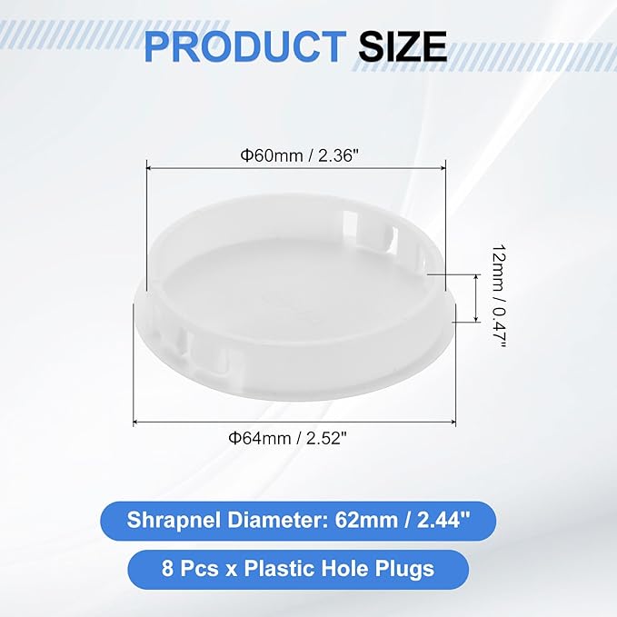 uxcell 8Pcs Plastic Hole Plugs, 60mm(2-3/8") Flush Type Panel Plugs, Round Snap Knockout Locking Plugs for Furniture Insert End Caps Panels, White