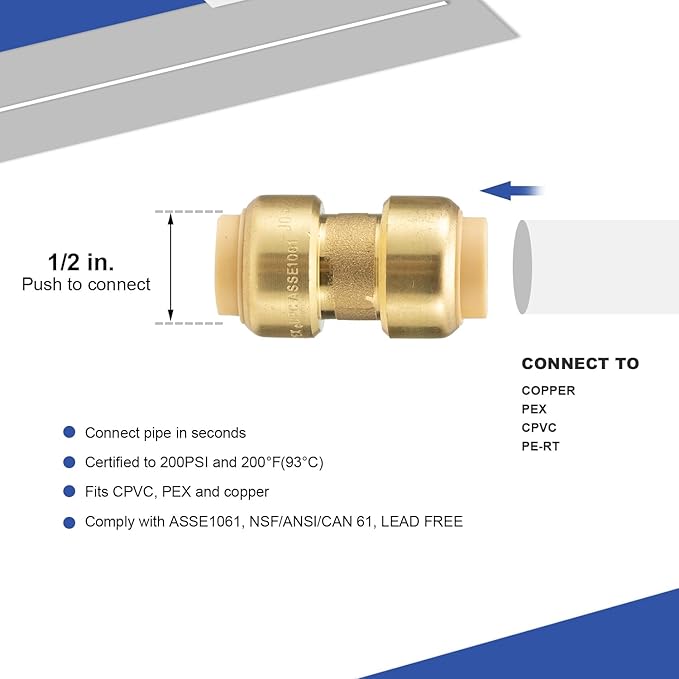 PEX Pipe Fitting 1/2 inch Set, Brass Push Fit Fitting 1/2 inch Set with 90 degree elbow, tee & coupling, push to connect for quick connection to PEX Tube Pack of 12