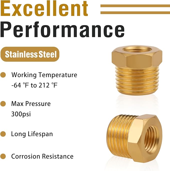 NPT1/2 Male x NPT1/4 Female Brass Reducer Hex Bushing Threaded Fitting Adapter, Water/Oil/Gas Pipe Fitting, 2PCS