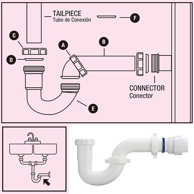 (1 Pack) Yariwiz White P Trap 1 1/2 Inch for Bathroom Kitchen Sink Drain Pipe Tubular Kit with White Threaded Adapter and Blue TPE Washer KSD-001W