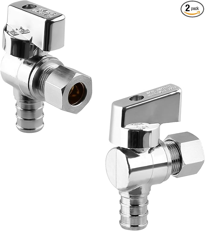 1/4 Turn Angle Stop Valve, 1/2" Crimp Pex F1807 X 3/8" OD Compression For Toilets And Faucets (Pack of 2)